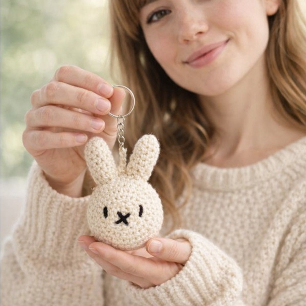 Handmade Crochet Bunny Keychain/ Cute White Amigurumi Rabbit